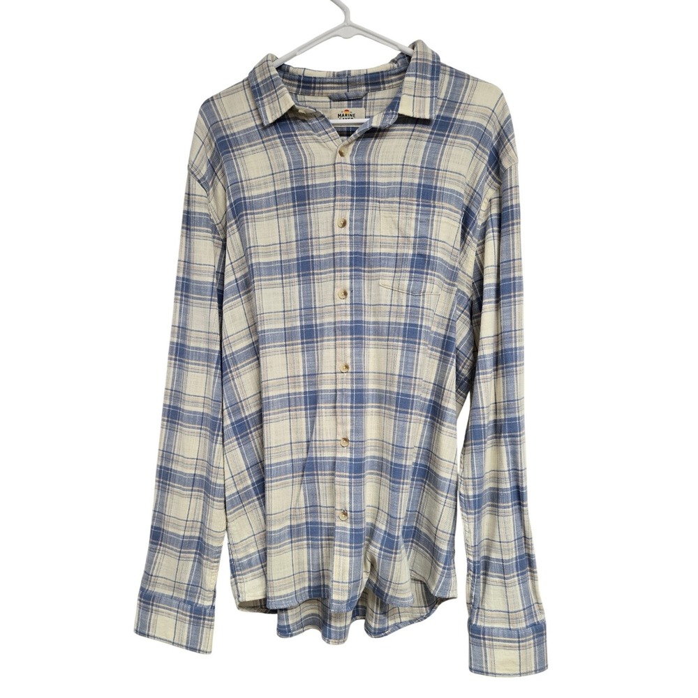 Marine Layer Plaid Button Down Shirt Blue Cream Larger Stretch Cotton Men's L